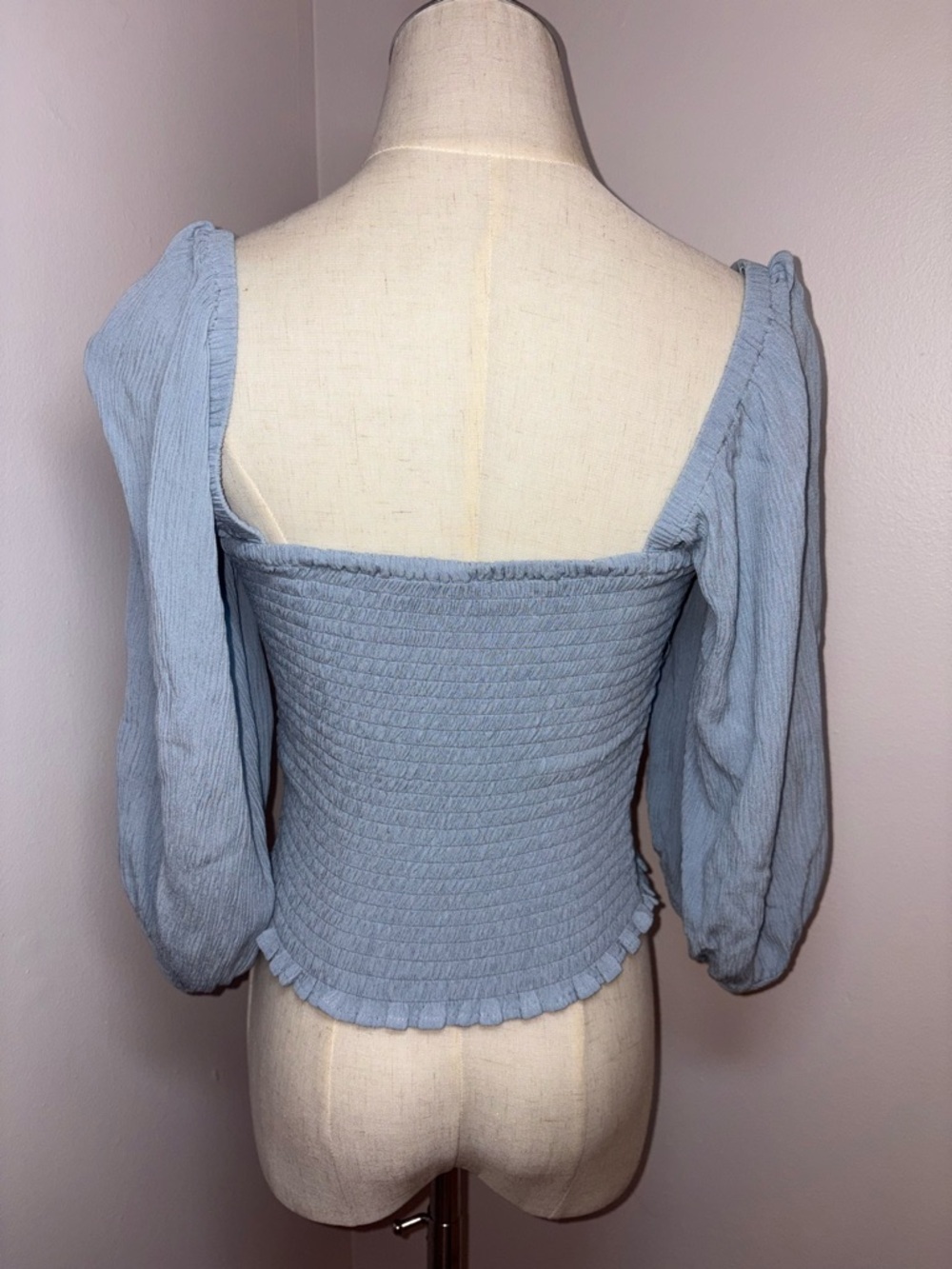 1. State Light Blue Coquette Smocked Bodice Crop Top Puff Sleeve Size Small - Picture 11 of 11